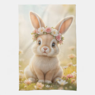Adorable bunny with a flower wreath on its head tea towel