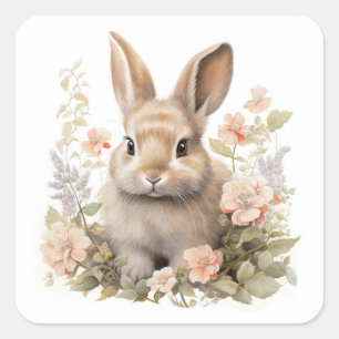 Adorable bunny with florals square sticker