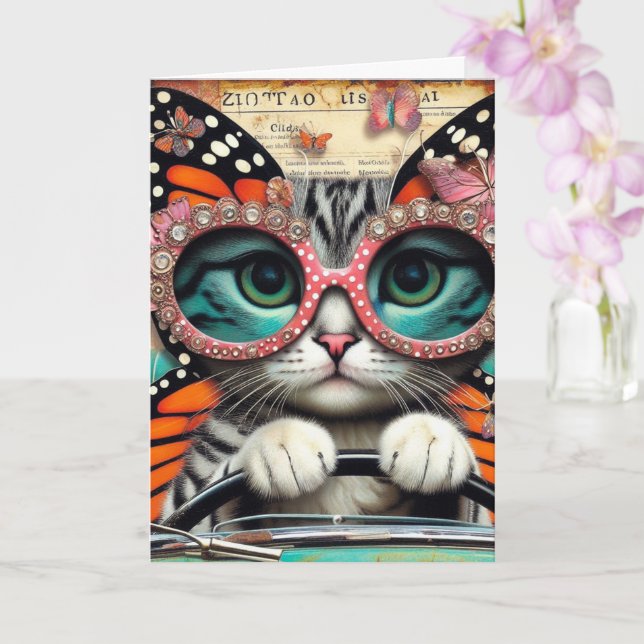 Adorable Butterfly Cat Fairy Driving All Occasions Card (Orchid)