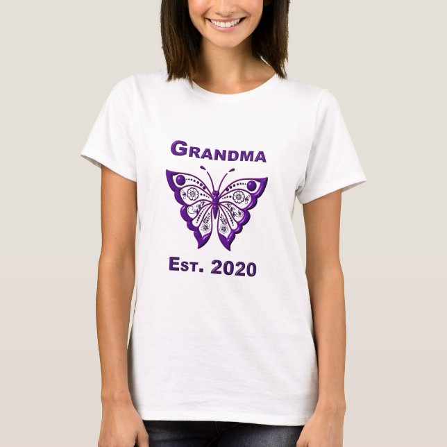 Adorable Butterfly Grandma “Est 2020” T-Shirt (Front)
