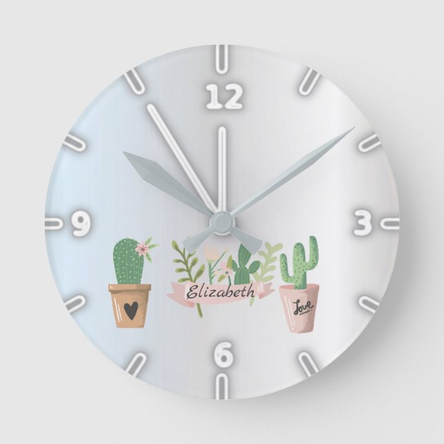 Adorable Cactus, Silver Round Clock (Front)