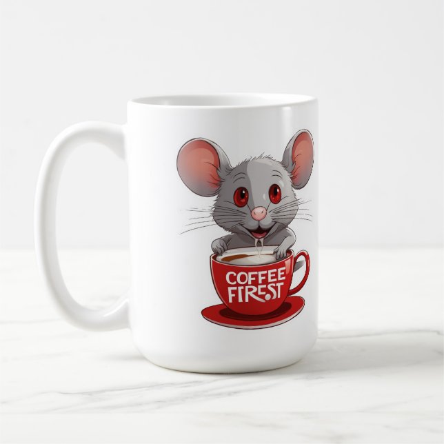 Adorable Caffeine Mouse in Red Mug (Left)