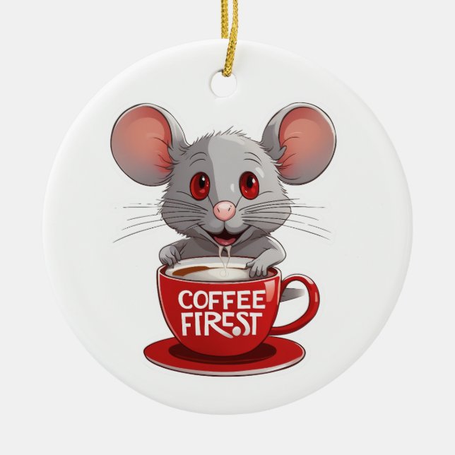 Adorable Caffeine Mouse in Red Mug Ceramic Ornament (Front)