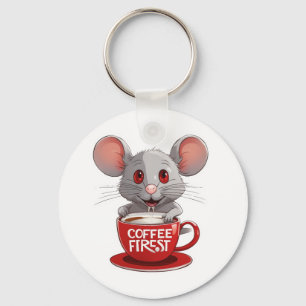 Adorable Caffeine Mouse in Red Mug Key Ring