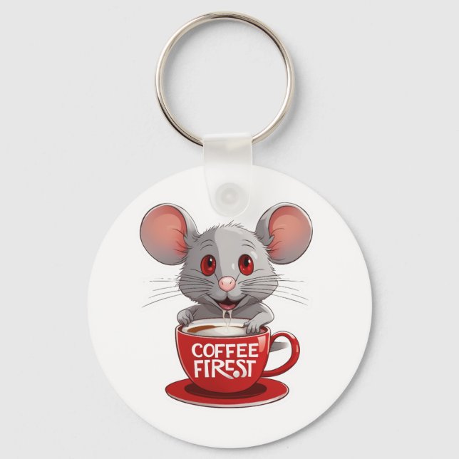 Adorable Caffeine Mouse in Red Mug Key Ring (Front)