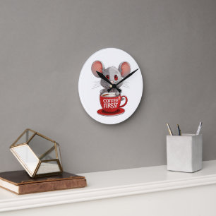 Adorable Caffeine Mouse in Red Mug Round Clock