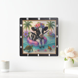 Adorable Calf Tropical Swim Square Wall Clock