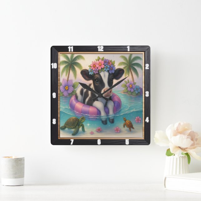 Adorable Calf Tropical Swim Square Wall Clock (Home)