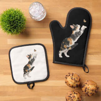 Adorable Calico Cat & Butterfly Watercolor Oven Mitt & Pot Holder Set