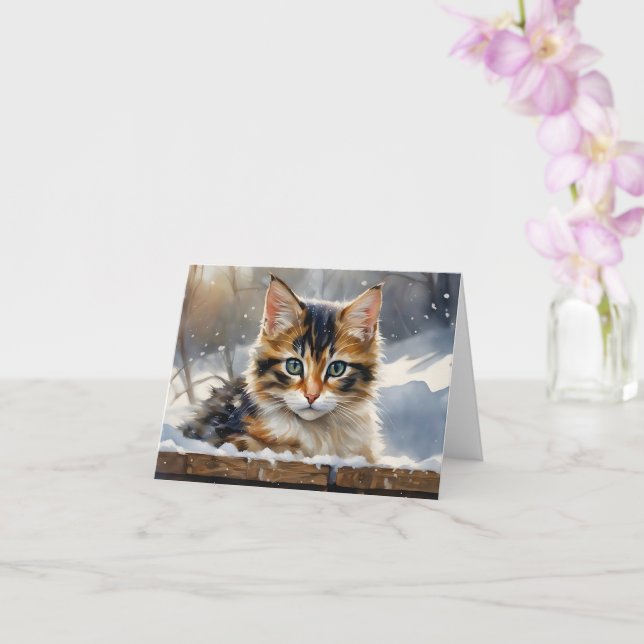 Adorable Calico Cat in the Snow Blank Greeting  Card (Orchid)
