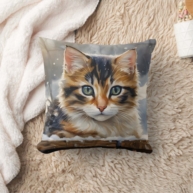 Adorable Calico Cat in the Snow Cushion (Blanket)