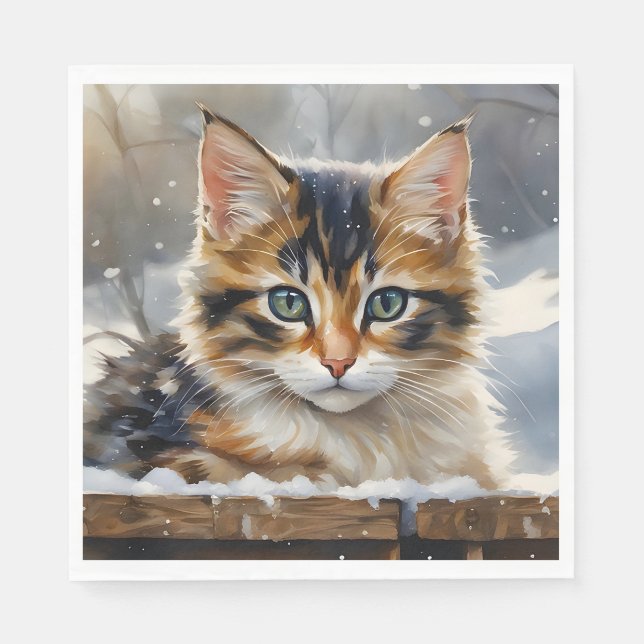 Adorable Calico Cat in the Snow Napkin (Front)