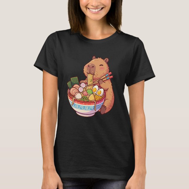 Adorable Capybara Eating Ramen Noodles Kawaii Desi T-Shirt (Front)