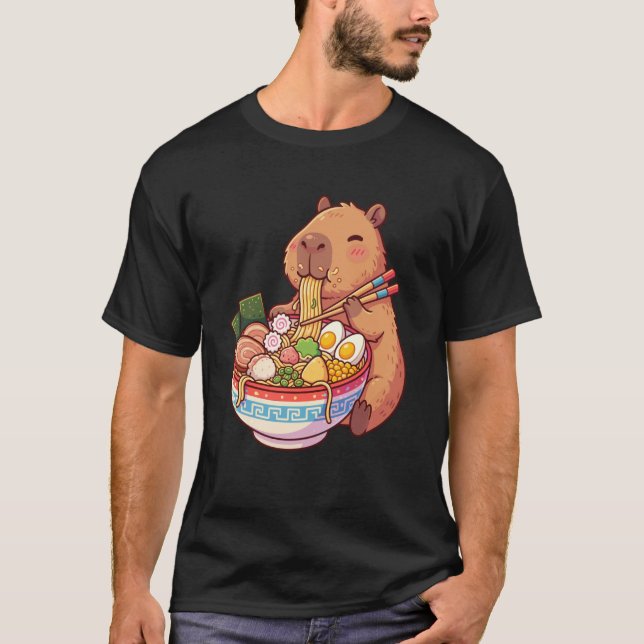 Adorable Capybara Eating Ramen Noodles Kawaii Desi T-Shirt (Front)