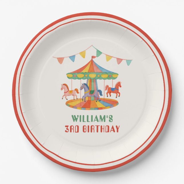 Adorable Carousel Birthday Paper Plate (Front)