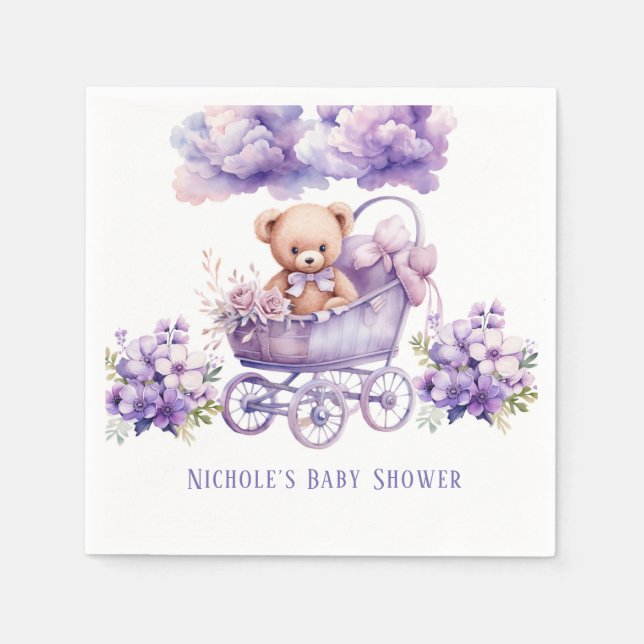 Adorable Carriage Teddy Bear Girl Baby Shower Napkin (Front)