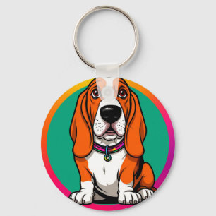 Adorable Cartoon Basset Puppy Key Ring