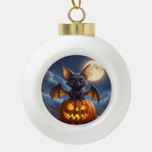 Adorable Cartoon Bat Perched on Jack-o'-Lantern Ceramic Ball Christmas Ornament