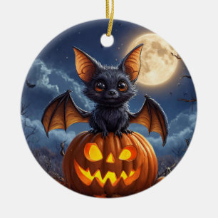 Adorable Cartoon Bat Perched on Jack-o'-Lantern Ceramic Ornament