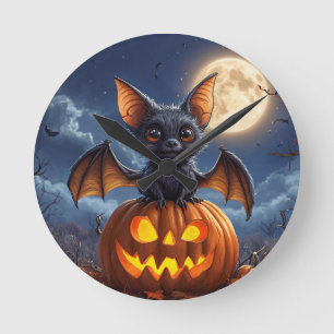 Adorable Cartoon Bat Perched on Jack-o'-Lantern Round Clock