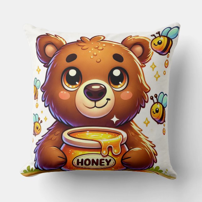 Adorable Cartoon Bear Holding Honey Jar Cushion (Front)