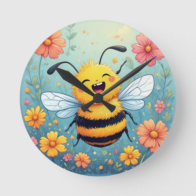 Adorable Cartoon Bee Buzzing Cheerfully Round Clock (Front)