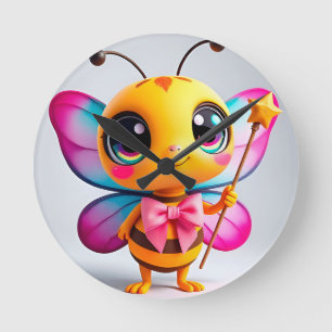 Adorable Cartoon Bee Fairy Character Round Clock