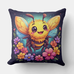 Adorable Cartoon Bee Surrounded by Vibrant Flowers Cushion