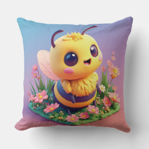 Adorable Cartoon Bee Surrounded by Vibrant Flowers Cushion
