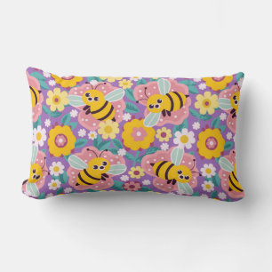 Adorable Cartoon Bees and Flowers Lumbar Cushion