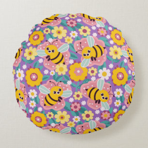 Adorable Cartoon Bees and Flowers Round Cushion