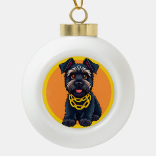 Adorable Cartoon Black Dog Wearing a Gold Chain Ceramic Ball Christmas Ornament