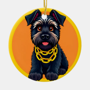 Adorable Cartoon Black Dog Wearing a Gold Chain Ceramic Ornament