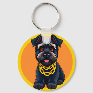 Adorable Cartoon Black Dog Wearing a Gold Chain Key Ring