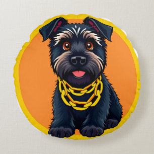 Adorable Cartoon Black Dog Wearing a Gold Chain Round Cushion