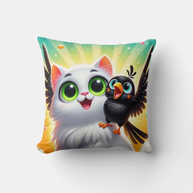 Adorable Cartoon Cat and Bird Cushion (Front)