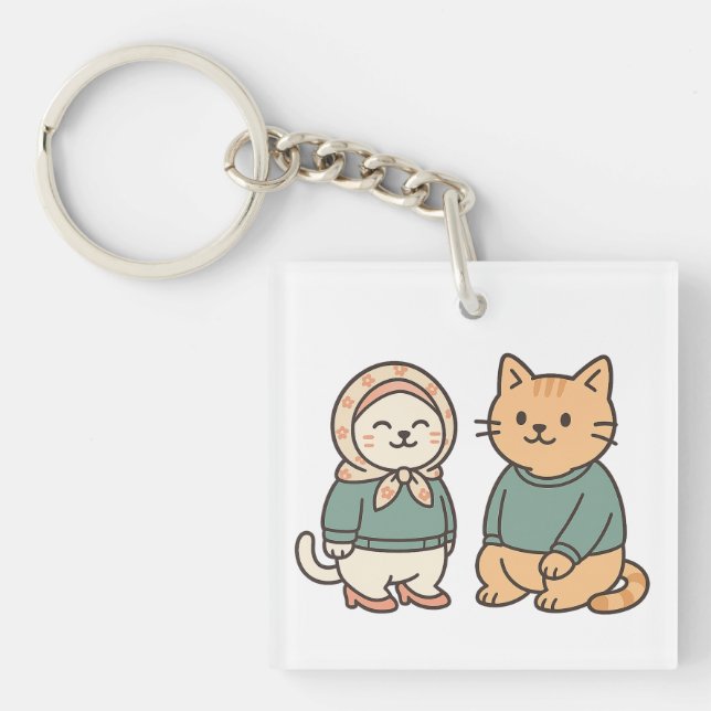"Adorable Cartoon Cat Couple in Cosy Outfits" Key Ring (Front)