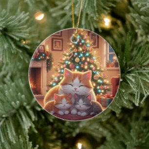 Adorable Cartoon Cat Family Christmas Tree Ceramic Ornament