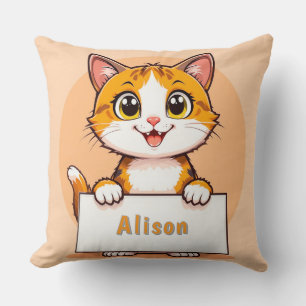 Adorable Cartoon Cat Holding a Blank Sign Cushion