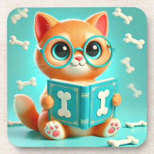 Adorable Cartoon Cat Reading a Book Coaster