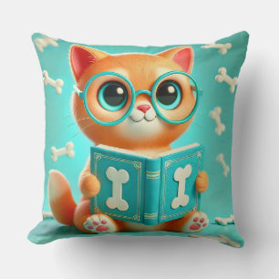Adorable Cartoon Cat Reading a Book Cushion