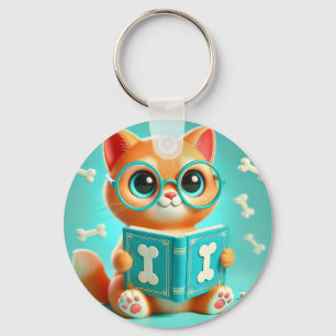Adorable Cartoon Cat Reading a Book Key Ring