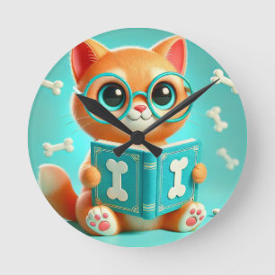 Adorable Cartoon Cat Reading a Book Round Clock