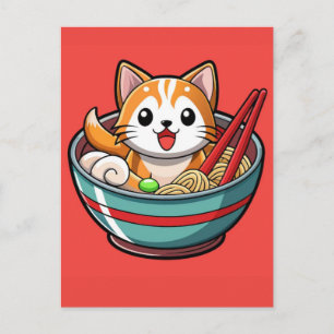 Adorable Cartoon Cat Sitting In Ramen Bowl Holiday Postcard