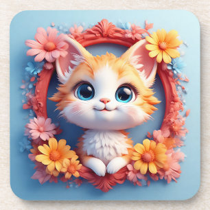 Adorable Cartoon Cat Surrounded by Colourful Flowe Coaster