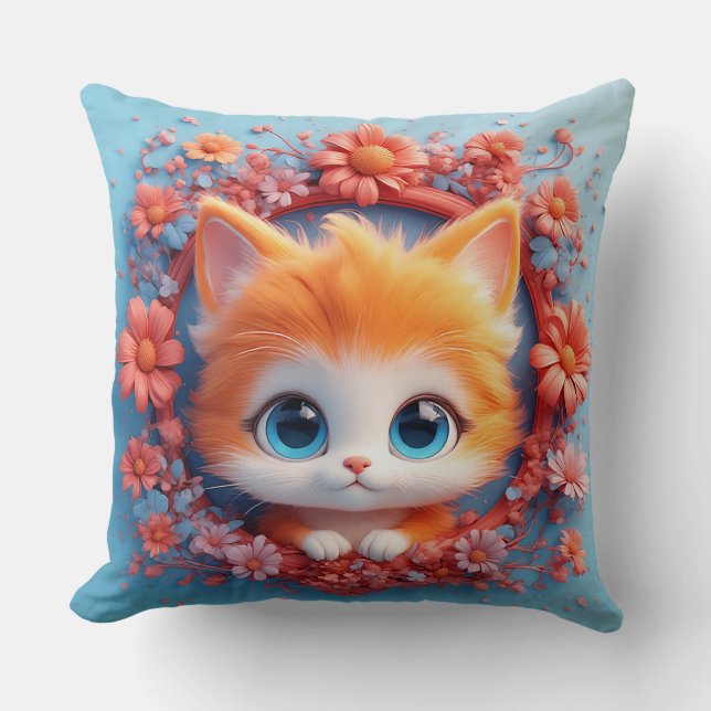 Adorable Cartoon Cat Surrounded by Colourful Flowe Cushion (Front)
