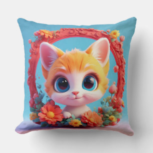 Adorable Cartoon Cat Surrounded by Colourful Flowe Cushion