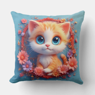 Adorable Cartoon Cat Surrounded by Colourful Flowe Cushion