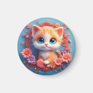 Adorable Cartoon Cat Surrounded by Colourful Flowe Magnet