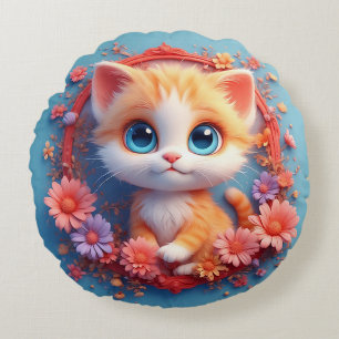 Adorable Cartoon Cat Surrounded by Colourful Flowe Round Cushion